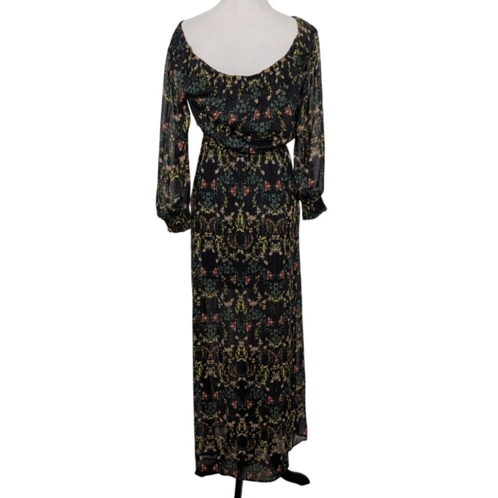 Jealous Tomato Floral Off Shoulder Maxi Dress Womens Size Small Black Front Slit - Picture 9 of 12